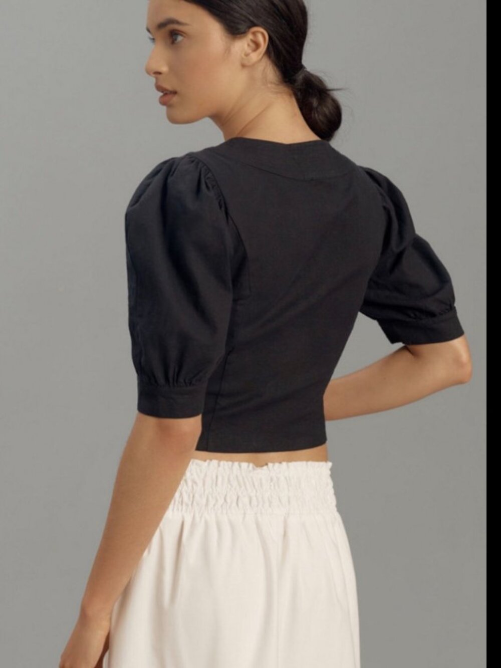 Anthropologie Black Scoop Puff Sleeve Cropped Linen Blend Top- XS - Picture 2 of 8